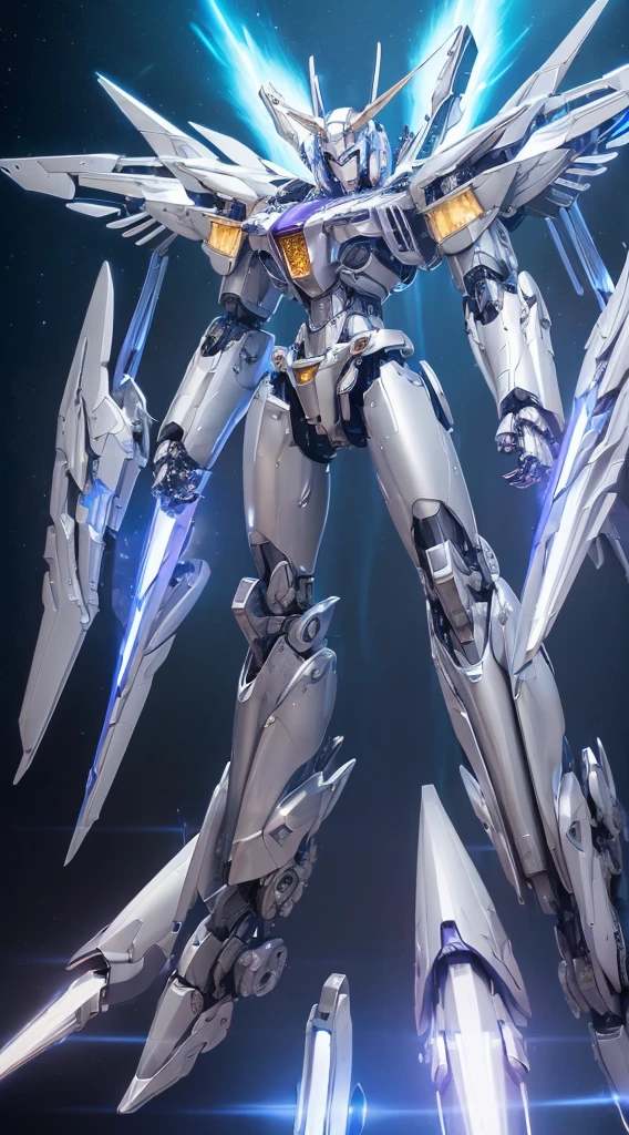 ((Intense action pose:1.6))、((Shining lenses on both breasts:1.3))、((A blue pillar of light is emitted from the lens.:1.3))、smile、((8K)), ((32k)), ((Highest quality)), ((masterpiece)), ((超A high resolution)), ((Tmasterpiece)), ((Halation:1.4))、((Mechaニカルheadgear:1.2))、((Cyber headphones:1.3))、Fine skin, High quality fabric, Fine metal texture、((Beautiful and dense face))、RAW Photos、Professional, Ultra-fine painting, ((alone)), Beautiful breasts、Highest quality, Very detailed, Very detailed詳細, Finer details, so beautiful, ((Princess Knight Robot:1.2)), (Joints of machines, Mechanical Limbs:1.3), (The internal structure of the machine is exposed:1.3), (Long silver hair:1.1), (Beautiful and huge mechanical breasts)、White Veil, cowboy_shot, Side Focus, headgear, Shiny、(Five Fingers, Four fingers and thumb),Concept Art, Anime fantasy artwork, Detailed fantasy art, (with pale blue-violet hair and large white wings,,,,,,,), (((Long silver hair))), (Mecha:1.6)、Sleek and intimidating design, ((Commander-in-Chief'arm)), (Perfect robot body)、純白と青紫armまたは, Symmetrical wings, 8K high quality, detailed art, 3D rendering of character art in 8K, neat legs, Defined, Defined fingers,