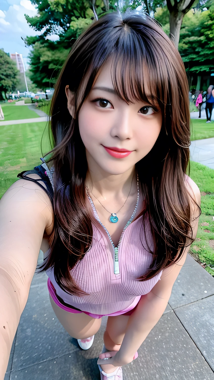 seed:4195271995,((Full Body Angle:1.１)),((Highest quality, 8K, masterpiece: 1.3)), concentrated: 1.2,Front hair:1.3, Cute girl 1,Nipples erect、 Perfect beauty: 1.4,Colorful ribbed knit half-zip T-shirt、Shorts,: 1.2,Randall Color、comics＆Text Graphics、Black,1.1, Highly detailed face and skin textures, Fine grain, double eyelid, whitening skin, ,Highest quality,Ultra-high resolution,you,1 girl,alone,_Shiny_skin,Iris,necklace,((brown_length_Wavy_hair)),(lips)),eyelash,Front hair,deal with,compensate,Shiny,pore,skin big breasts、(smiling face)、Front hair、Walking in the park、walk
