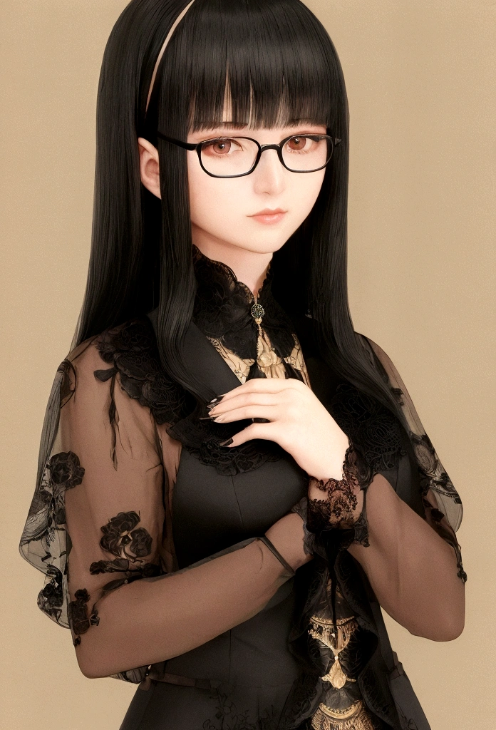 ((Highest quality)), ((masterpiece)), (detailed), tobacco, woman, Glasses, Long Black Hair, Hime cut, modern, suit