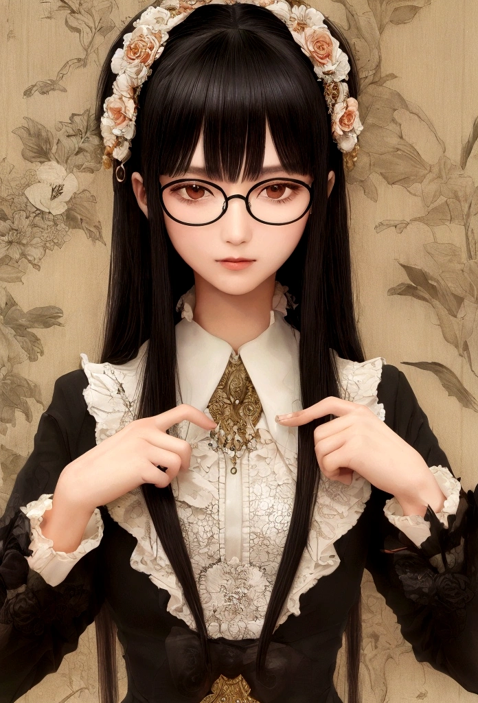 ((Highest quality)), ((masterpiece)), (detailed), tobacco, woman, Glasses, Long Black Hair, Hime cut, modern, suit