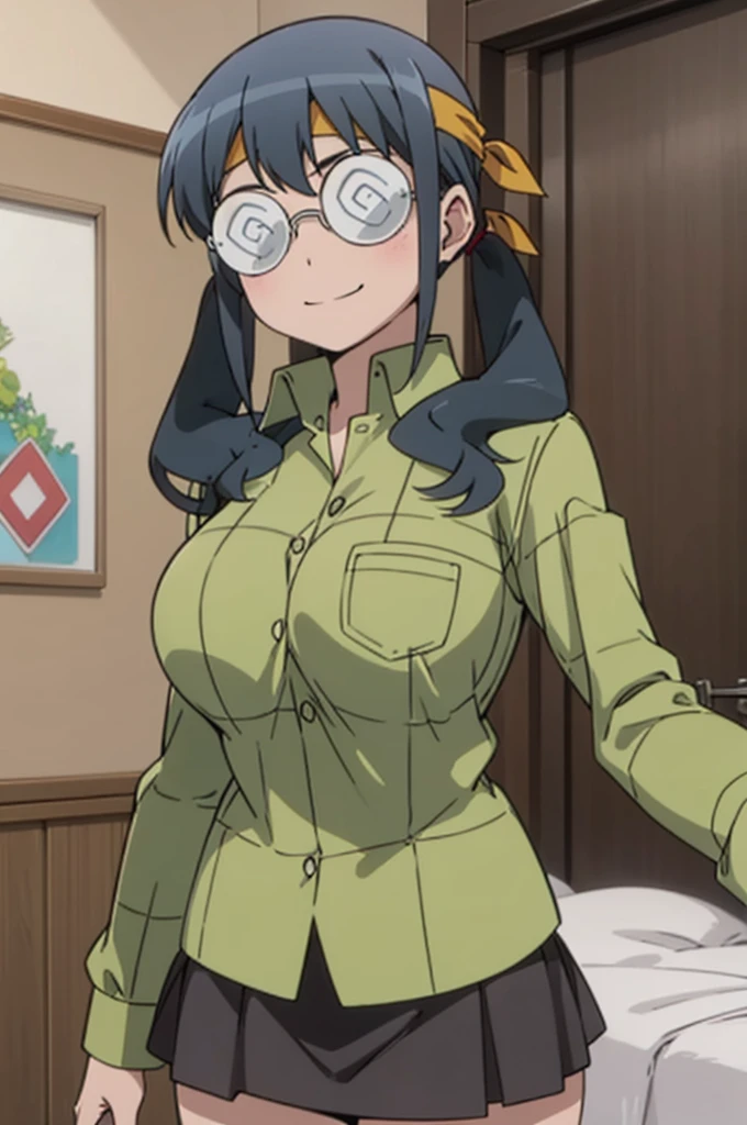 solo, 1girl,, saori makishima, twintails, headband, shirt, opaque glasses, coke-bottle glasses, huge ,my room,miniskirt,smile,looking viewer,smile,(((lift skirt,lace panties