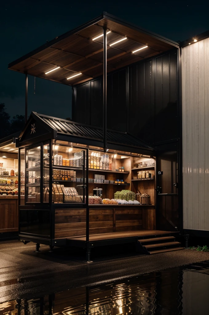 realistic trailer luxury futuristic black and wooden color supermarket shop with glass shelves display screen modern bronze front equipment really trailer 8k 3d night view garden background, canopy, chairs and tables front off trailer on wooden floor, The show is a real scene