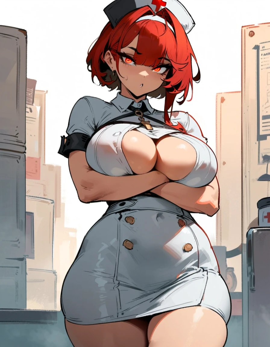 1girl, hindenburg \(azur lane\), azur lane \\\\\ masterpiece, best quality, very aesthetic, absurdres, newest \\\\\\ sportive body, \\\\\\ by nyantcha,,by cutesexyrobutts,by khyle ///// red hair, black horns, redeyes, , white (nurse outfit:1.2), skirt, , white pencil skirt, nurse cap, , , a red cross on the cap, standing, (white background:1.2), hands crossed under breasts