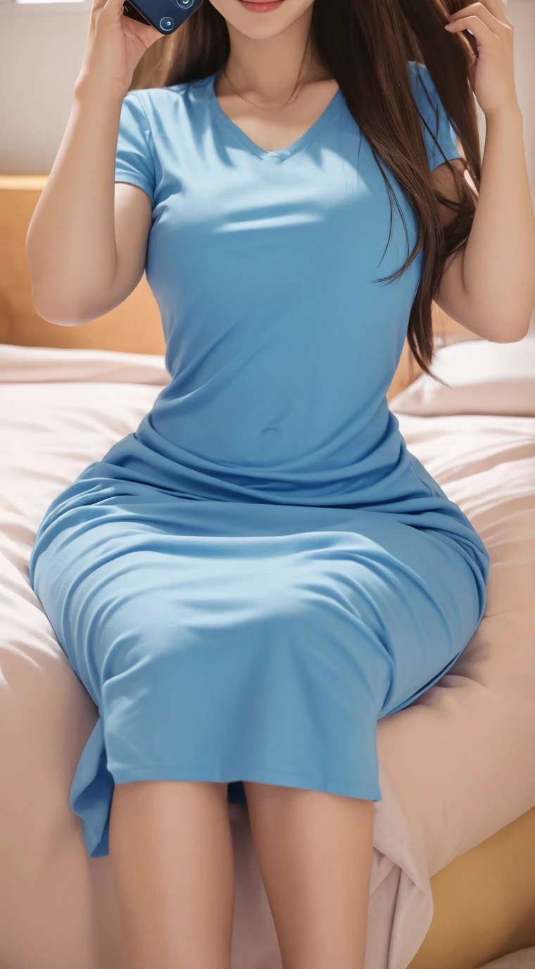 (beautiful girl) Beautiful and perfect face, (slender body) thin body, (black hair) (blue eyes) (white skin) beautiful body, western face, predatory eyes, pink lips, thin hips, thin thighs, collarbone , ribs, happy and sweet expression, full body, western beauty, thin nose, (location: bedroom) ((sweater dress, thin fabric))