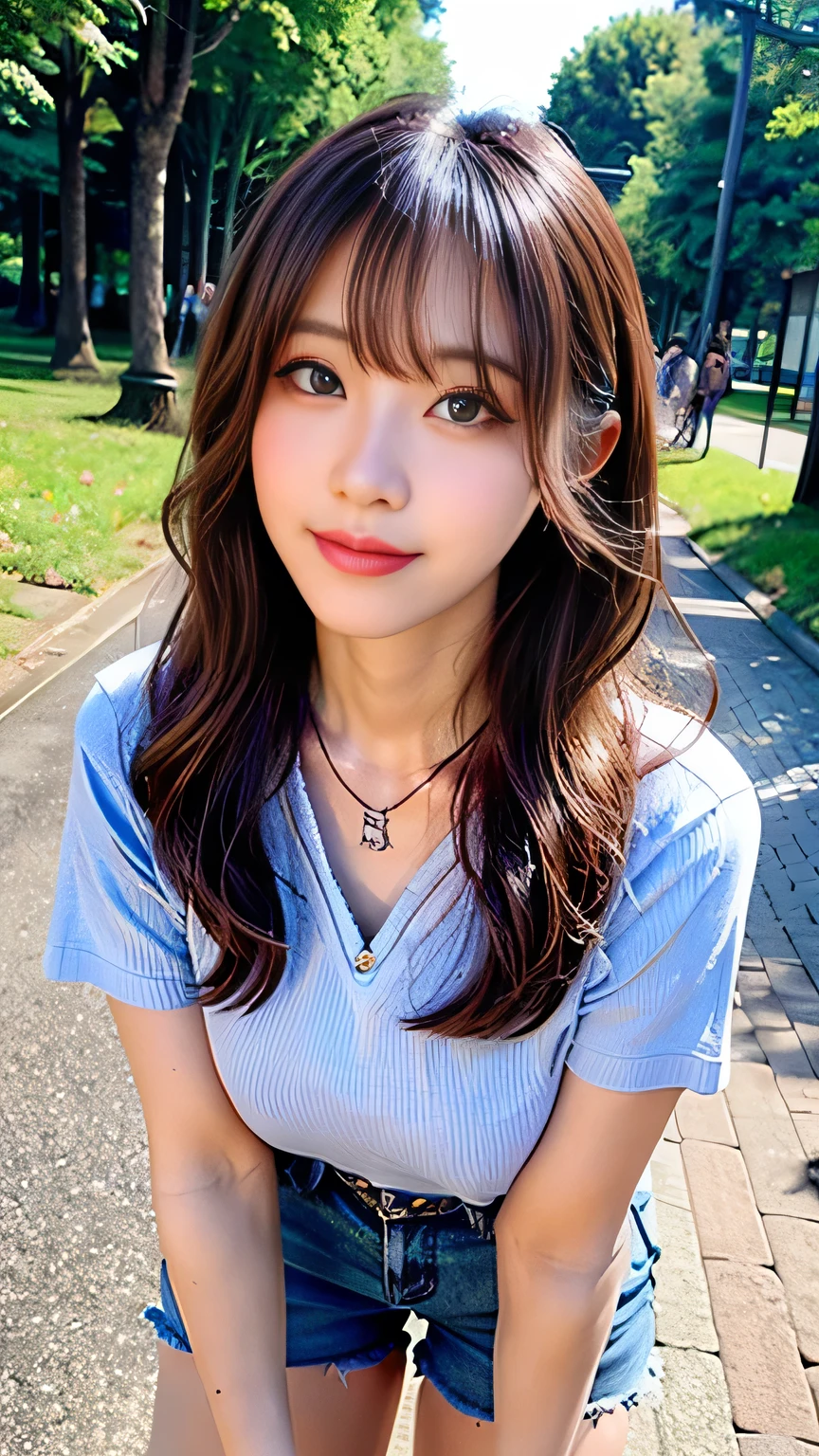 seed:4195271995,((Full Body Angle:1.１)),((Highest quality, 8K, masterpiece: 1.3)), concentrated: 1.2,Front hair:1.3, Cute girl 1,Nipples erect、 Perfect beauty: 1.4,Colorful ribbed knit half-zip T-shirt、Shorts,: 1.2,Randall Color、comics＆Text Graphics、Black,1.1, Highly detailed face and skin textures, Fine grain, double eyelid, whitening skin, ,Highest quality,Ultra-high resolution,you,1 girl,alone,_Shiny_skin,Iris,necklace,((brown_length_Wavy_hair)),(lips)),eyelash,Front hair,deal with,compensate,Shiny,pore,skin big breasts、(smiling face)、Front hair、Walking in the park、walk