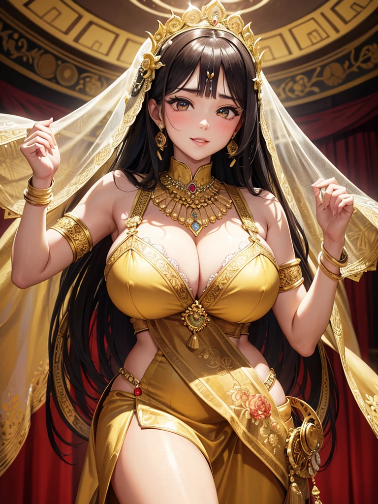 A Masterpiece, Highest quality. Renaissance style oil painting of a Stunning Beauty Voluptuous Javanese Bride. Smile. Very huge breasts. Wearing batik wedding dress, short batik skirt with slits, and golden transparent veils. No underwear. Traditional gold and jewelry accessories. Kraton Jogja Palace in the background. HD image, very detailed anatomy, very detailed background.