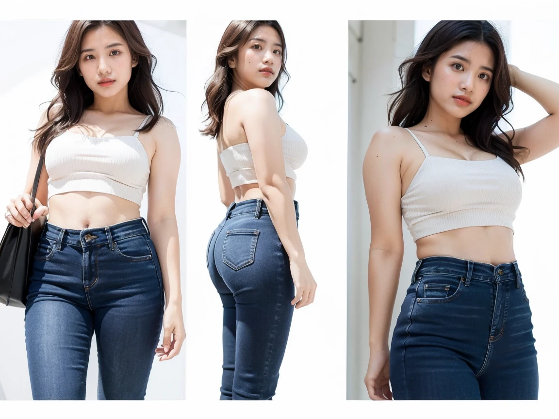 Detailed character sheet, Front view, Side view, Diagonal view, with a white returnground, show women, 30 years old, with short dark brown hair combed return, Wearing light casual clothing, Wearing tight denim jeans. The seat includes different angles, Front etc., return, and Side views, Model sheets and reference sheets, Full-body painting. Proportions are based on a 7.5 head scale.