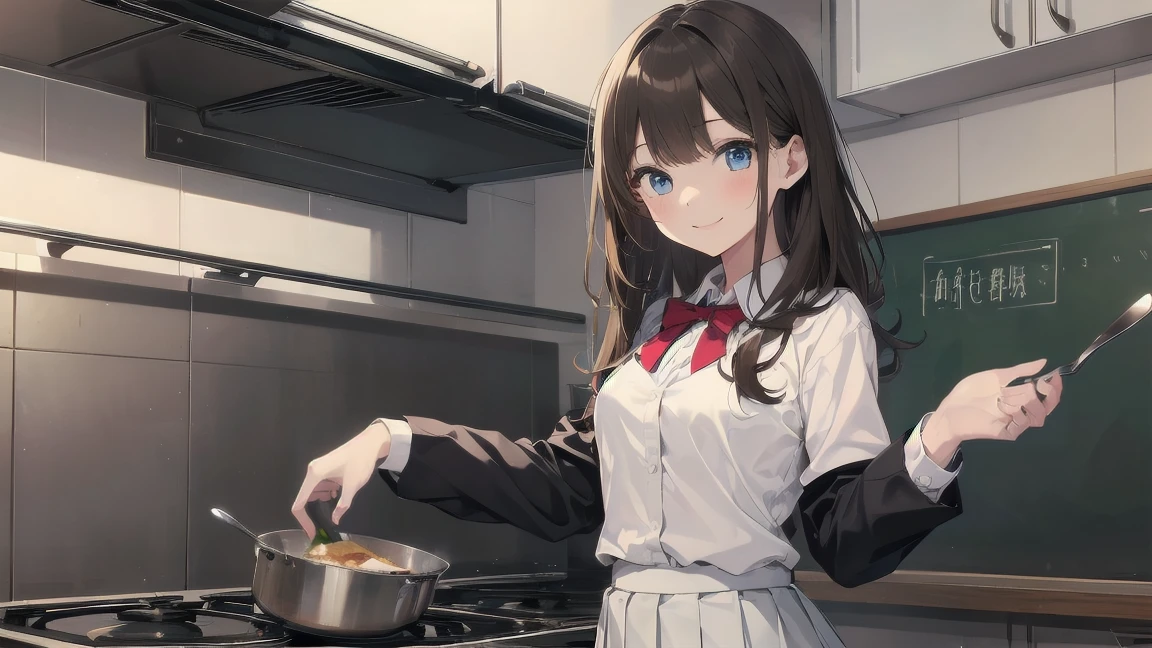 In one girl、fun、High school blazer with popular design、white shirt、pleated skirt、white skirt、（small breasts, brown hair,school ,blue eyes, de pie, smiling, lazo color rojo, clase de cocina, cocinando