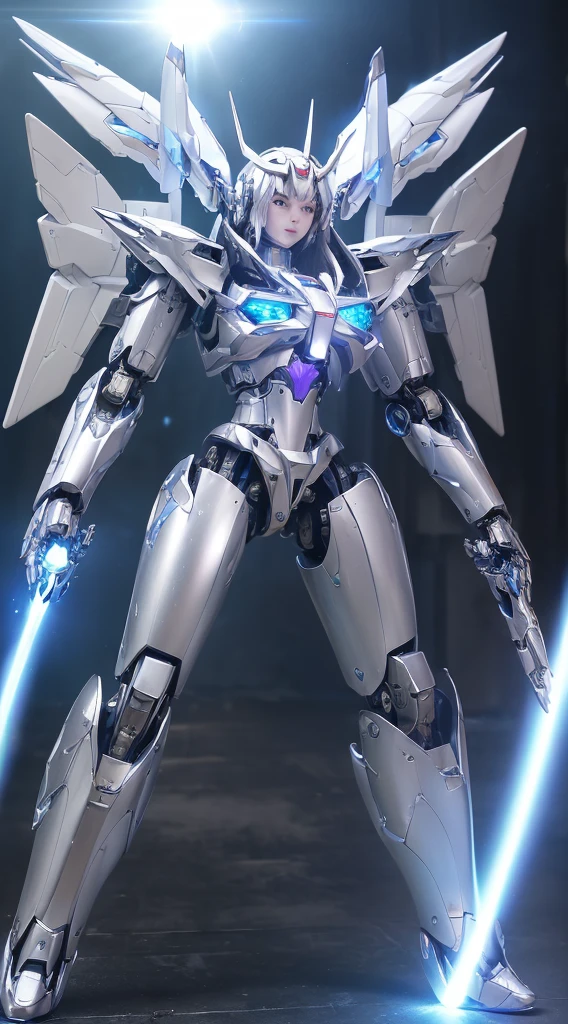 ((Intense action pose:1.6))、((Shining lenses on both breasts:1.3))、((A blue pillar of light is emitted from the lens.:1.3))、smile、((8K)), ((32k)), ((Highest quality)), ((masterpiece)), ((超A high resolution)), ((Tmasterpiece)), ((Halation:1.4))、((Mechaニカルheadgear:1.2))、((Cyber headphones:1.3))、Fine skin, High quality fabric, Fine metal texture、((Beautiful and dense face))、RAW Photos、Professional, Ultra-fine painting, ((alone)), Beautiful breasts、Highest quality, Very detailed, Very detailed詳細, Finer details, so beautiful, ((Princess Knight Robot:1.2)), (Joints of machines, Mechanical Limbs:1.3), (The internal structure of the machine is exposed:1.3), (Long silver hair:1.1), (Beautiful and huge mechanical breasts)、White Veil, cowboy_shot, Side Focus, headgear, Shiny、(Five Fingers, Four fingers and thumb),Concept Art, Anime fantasy artwork, Detailed fantasy art, (with pale blue-violet hair and large white wings,,,,,,,), (((Long silver hair))), (Mecha:1.6)、Sleek and intimidating design, ((Commander-in-Chief'arm)), (Perfect robot body)、純白と青紫armまたは, Symmetrical wings, 8K high quality, detailed art, 3D rendering of character art in 8K, neat legs, Defined, Defined fingers,