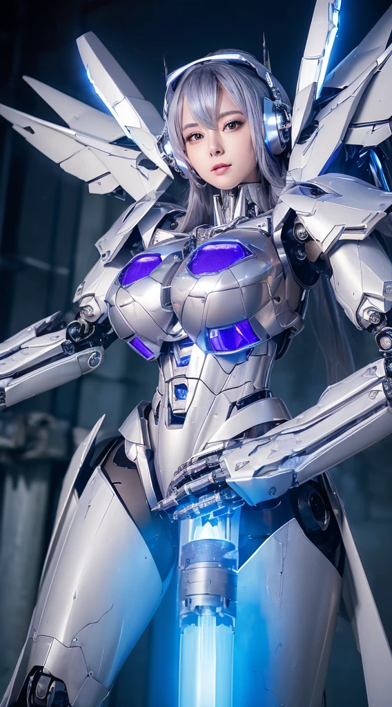 ((Intense action pose:1.6))、((Shining lenses on both breasts:1.3))、((A blue pillar of light is emitted from the lens.:1.3))、smile、((8K)), ((32k)), ((Highest quality)), ((masterpiece)), ((超A high resolution)), ((Tmasterpiece)), ((Halation:1.4))、((Mechaニカルheadgear:1.2))、((Cyber headphones:1.3))、Fine skin, High quality fabric, Fine metal texture、((Beautiful and dense face))、RAW Photos、Professional, Ultra-fine painting, ((alone)), Beautiful breasts、Highest quality, Very detailed, Very detailed詳細, Finer details, so beautiful, ((Princess Knight Robot:1.2)), (Joints of machines, Mechanical Limbs:1.3), (The internal structure of the machine is exposed:1.3), (Long silver hair:1.1), (Beautiful and huge mechanical breasts)、White Veil, cowboy_shot, Side Focus, headgear, Shiny、(Five Fingers, Four fingers and thumb),Concept Art, Anime fantasy artwork, Detailed fantasy art, (with pale blue-violet hair and large white wings,,,,,,,), (((Long silver hair))), (Mecha:1.6)、Sleek and intimidating design, ((Commander-in-Chief'arm)), (Perfect robot body)、純白と青紫armまたは, Symmetrical wings, 8K high quality, detailed art, 3D rendering of character art in 8K, neat legs, Defined, Defined fingers,