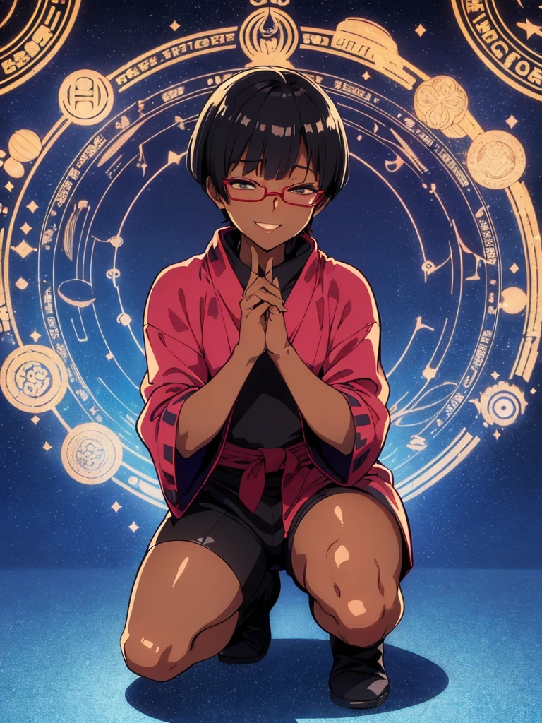 (flat chest:), (masterpiece:1.2), highest quality, High resolution, unity 8k wallpaper, (fine and beautiful eyes:1.6), highly detailed face, perfect lighting, Detailed CG, (perfect hands, perfect anatomy), (1 boy solo:1.4), 20 years old, black hair, extremely beautiful detailfeminine face and eyes, (evil smile:1.4), detailed eyes, best quality,( dark skin:1.8), (turtleneck shirt under yukata:1.2), (bike shorts:1.2), extremely detailed, very precise detailed, (glasses:1.3), blunt bangs, open mouth, (very short pixie cut:1.2), boots,fingerless gloves, smile, (half closed eyes:1.5), ,(squat in magic circle on ground:1.1) ,night sky,long sidelocks,(long red Scarf),(yukata),(squatting),(acrobat pose:1.3),(squat:1.3),leaning forward,(one knee dwon:1.5),(Put one foot in front:1.3),(stylish pose:1.4),(Raise only index finger:1.1),(Joining hands:1.5),(retro artstyle:1.2), (1990s \(style\)),(in magic circle on ground only:1.3),(from above:1.2),(have a Talisman:1.0)