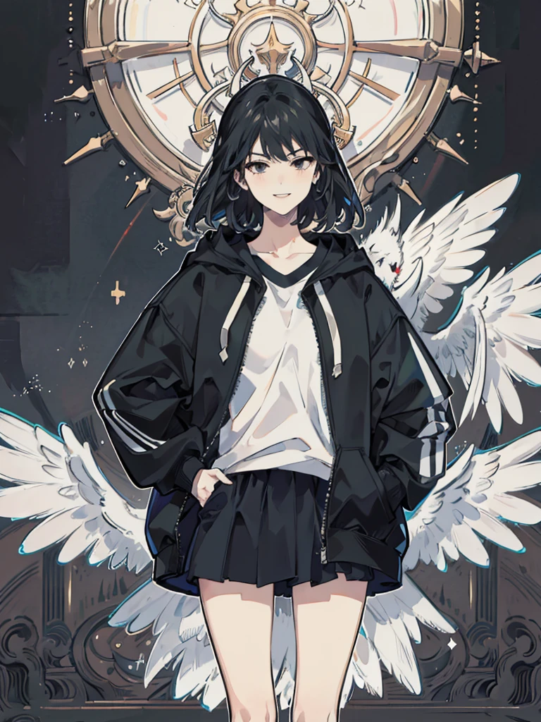 1girl, , high-school teenage girl, alluring short black hair, bangs, majestic black eyes, (best quality,8k,highres,masterpiece), confident, crazy smile, flat chest, cool, observe, arrogant, thoughtful, lazy, solo girl, Best Quality, High resolution, Extremely detailed, Detailed background, anatomically correct, Perfect Lighting, hoodie, off shoulder, mob cap, street, hand on hip, hand in pocket, detailed face, detailed eyes, detailed lips, detailed nose, realistic, photorealistic, HDR, UHD, studio lighting, ultra-fine painting, sharp focus, physically-based rendering, extreme detail description, professional, vivid colors, intricate details