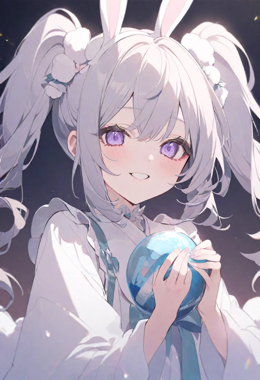 One Girl、cute、Gray Hair、Twin tails、Long Hair、Pink and purple gradient eyes、Fluffy, cloud-like white clothing、Fluffy rabbit with white ears、whole body、smile、Rabbit Pose、White background、(Light Color 1.3)、(Pastel colors 1.2)。