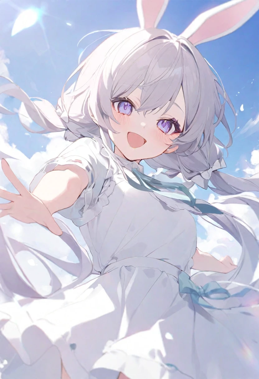 One Girl、cute、Gray Hair、Twin tails、Long Hair、Pink and purple gradient eyes、Fluffy, cloud-like white clothing、Fluffy rabbit with white ears、whole body、smile、Rabbit Pose、White background、（Light Color 1.3）、(Pastel colors 1.2)。