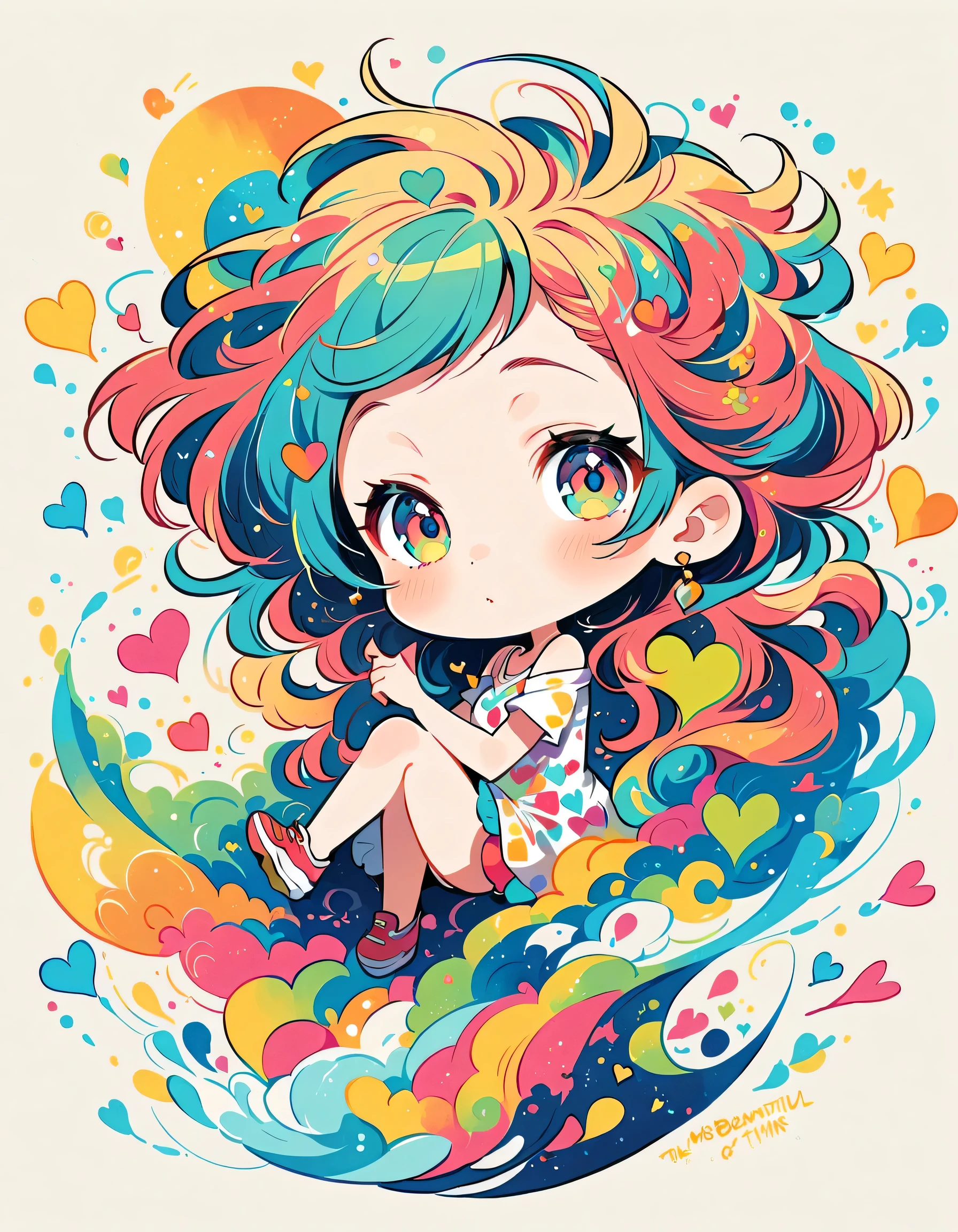 Mika Pikazo style, Simple Line Initialism,Abstract art,Urban Background, colorful hearts ,(((The most beautiful girl of all time))), (((chibi))),