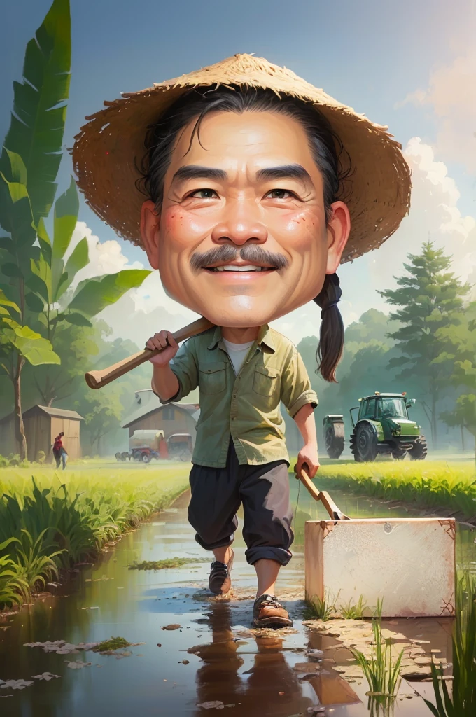 cartoon man walking in a muddy field with a wooden box and a shovel, With a wooden plank stuck in front of him, caricature illustration, farmer, caricature style, japanesse farmer, cartoon portrait, caricature, cartoon digital painting, caricature!!!, south east asian with round face, cartoon artstyle, potrait, cartoon digital art, digital cartoon painting art, do hoang tuong artwork, big head