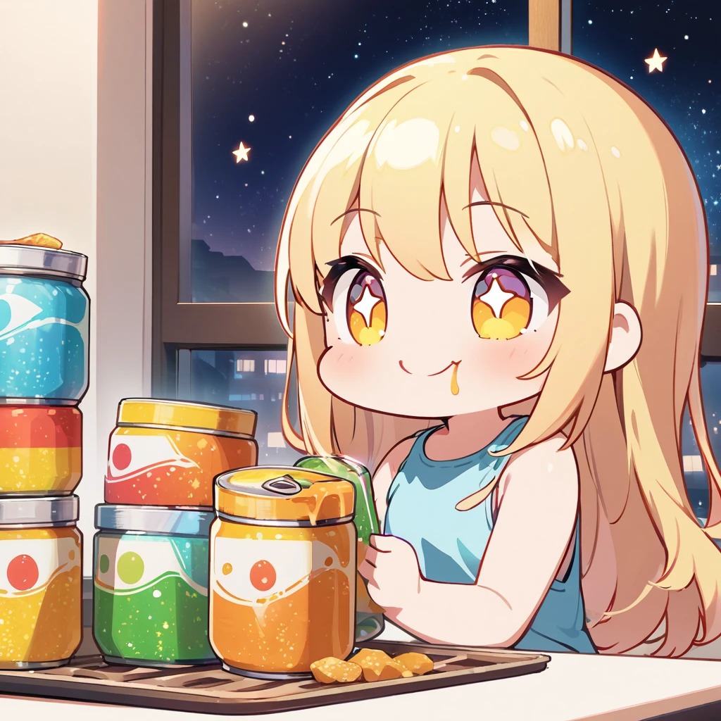 masterpiece、Highest quality、Depth of subject、２D illustration、1 beautiful girl、独奏, (((chibi style)))、((night)), ((window)), ((starry sky)), Long, beautiful hair、shiny blonde hair、cute、Beautifully detailed eyes、((Tank top))、blue soda, ((colorful))、mini skirt、((happy smile))、((Canned Chuhai)), ((close up shot))、((eating dinner)), ((in the room))、((There&#39;s a lot of pink around))、Thighs、((vivid color))、sparkle、((Lens flare))、