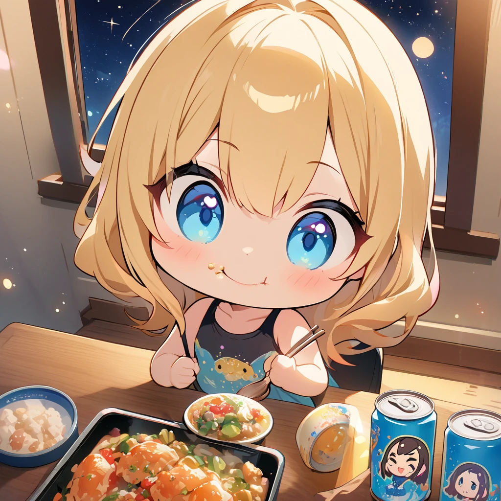 masterpiece、Highest quality、Depth of subject、２D illustration、1 beautiful girl、独奏, (((chibi style)))、((night)), ((window)), ((starry sky)), Long, beautiful hair、Shiny orange hair、cute、Beautifully detailed eyes、((Tank top))、a glass of blue soda, ((colorful))、mini skirt、((happy smile))、((Canned Chuhai)), ((close up shot))、((eating curry)), ((in the room))、((There&#39;s a lot of pink around))、Thighs、((vivid color))、sparkle、((Lens flare))、