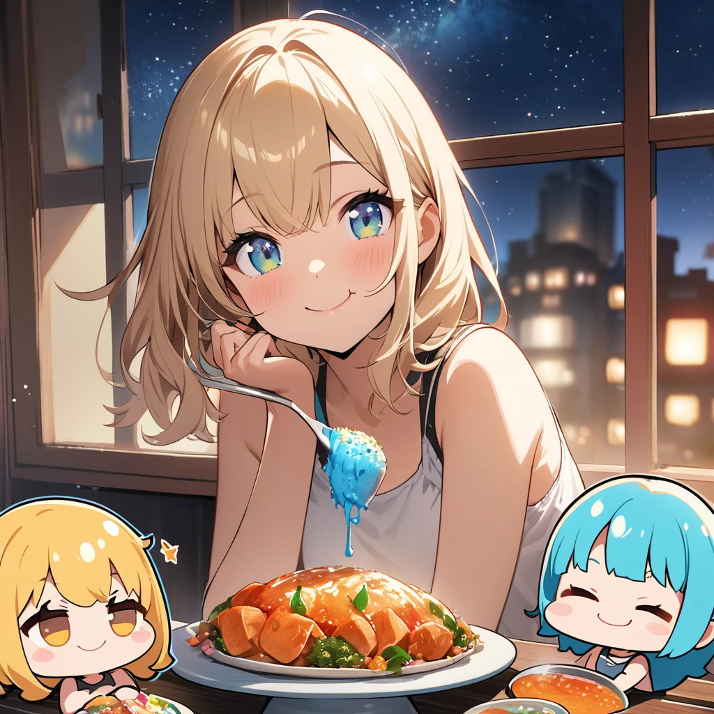 masterpiece、Highest quality、Depth of subject、2D illustration、1 beautiful girl、独奏, (((chibi style)))、((night)), ((window)), ((starry sky)), Long, beautiful hair、shiny blonde hair、cute、Beautifully detailed eyes、((Tank top))、blue soda, ((colorful))、mini skirt、((happy smile))、((Canned Chuhai)), ((close up shot))、((eating dinner)), ((in the room))、((There's a lot of pink around))、Thighs、((vivid color))、sparkle、((Lens flare))、