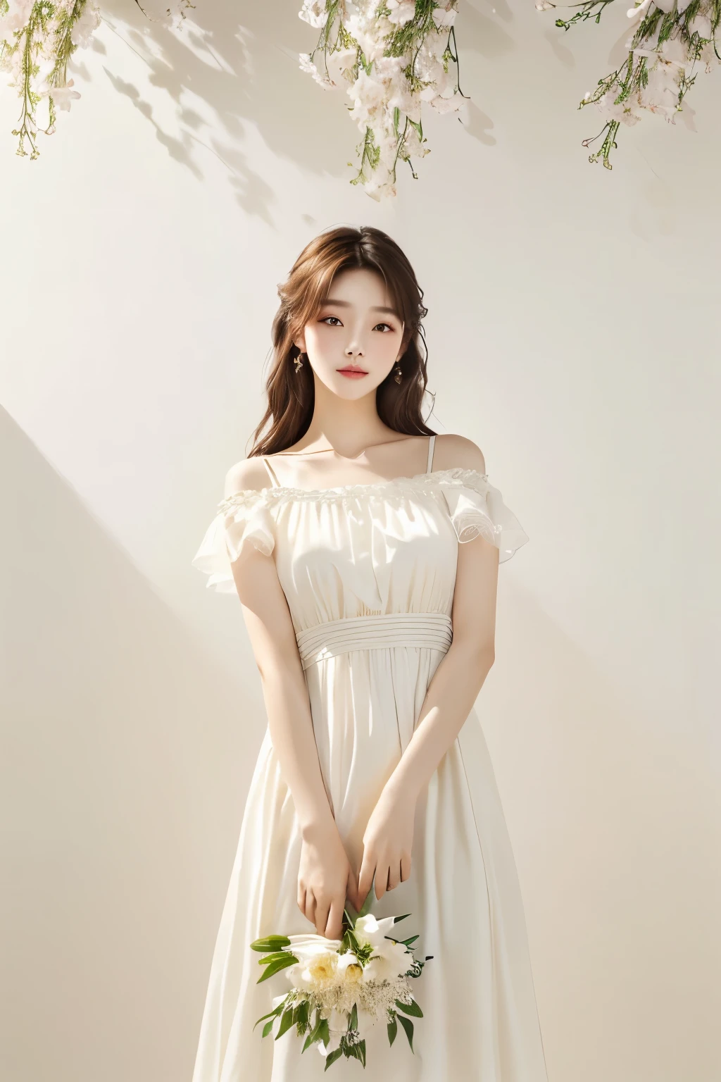 8K, (masterpiece, best quality:1.2), a woman in a 하얀 드레스 holding a bouquet of flowers, simple dress, ancient white dress, light half open dress, simple cream dress, 