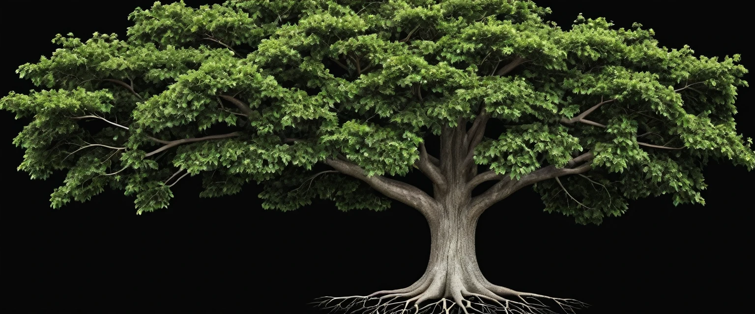 Create a high definition image of a realistic family tree, the tree has four branches, two on each side, black background.