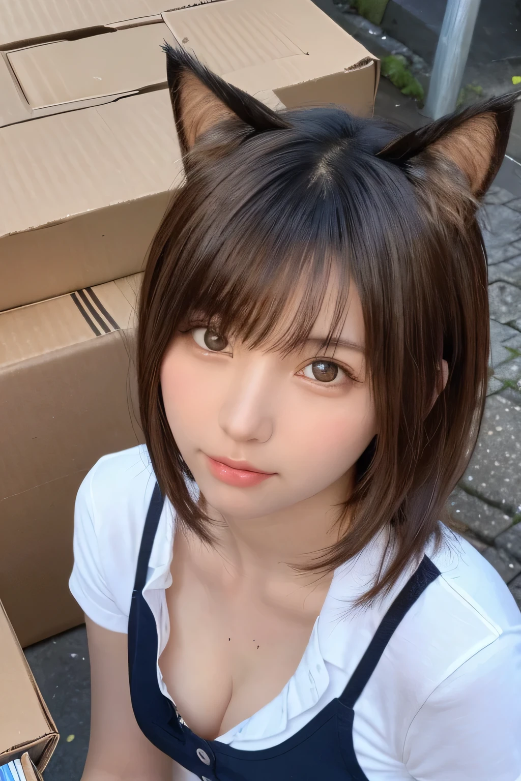 One Girl, (Beautiful girl, Delicate girl:1.3), (16 years old:1.3),
break, (Tattered clothes, Cat ear:1.2),
break, (Outdoor, alley:1.3), (In a cardboard box:1.3),
break, (Shooting from the sky:1.2),
break, Very beautiful eyes, (Symmetrical eyes:1.3),
break, Small breasts, Brown eyes, Parted bangs, Brown Hair, (Upper teeth, The best smile:0.2),
break, (Eye and facial details:1.0),
break, (masterpiece, Highest quality, Super detailed, Detailed face, 8K)