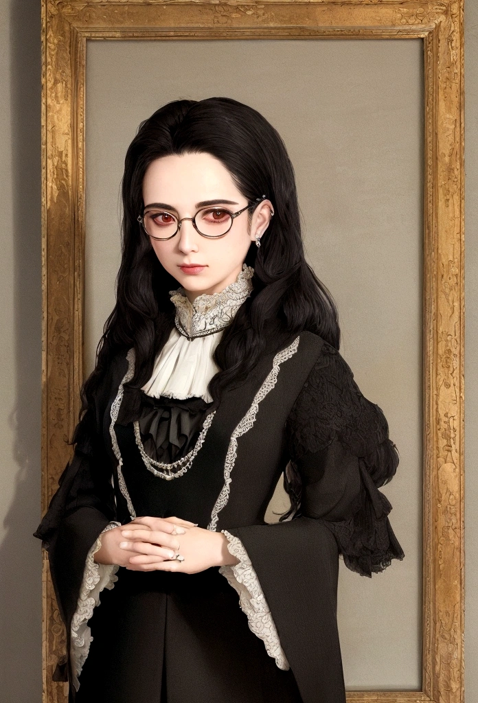 ((Highest quality)), ((masterpiece)), (detailed), tobacco, woman, Glasses, Long Black Hair, modern, suit