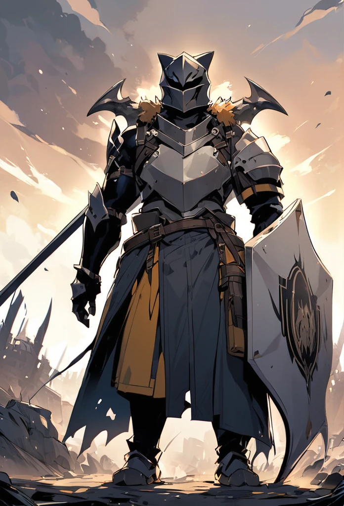 Cat knight standing alone sword facing diwn scythe on the back and shield on the left arm
