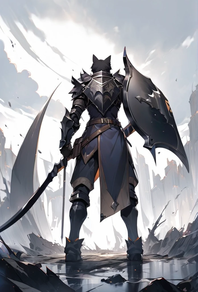 Cat knight standing alone sword facing diwn scythe on the back and shield on the left arm