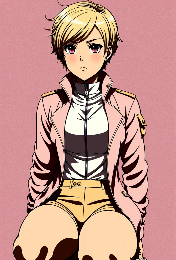 A detailed illustration of a female anime character with short blonde hair, wearing a pink and white military-style uniform with gold accents. The uniform includes a pink jacket with gold zipper and collar, white leggings, and beige boots. The character is striking a dynamic pose, kneeling with one knee up and one hand near her head, as if listening intently. She has a serious expression. The art style should be reminiscent of classic 1980s anime, with clean lines, bright colors, and attention to detail.