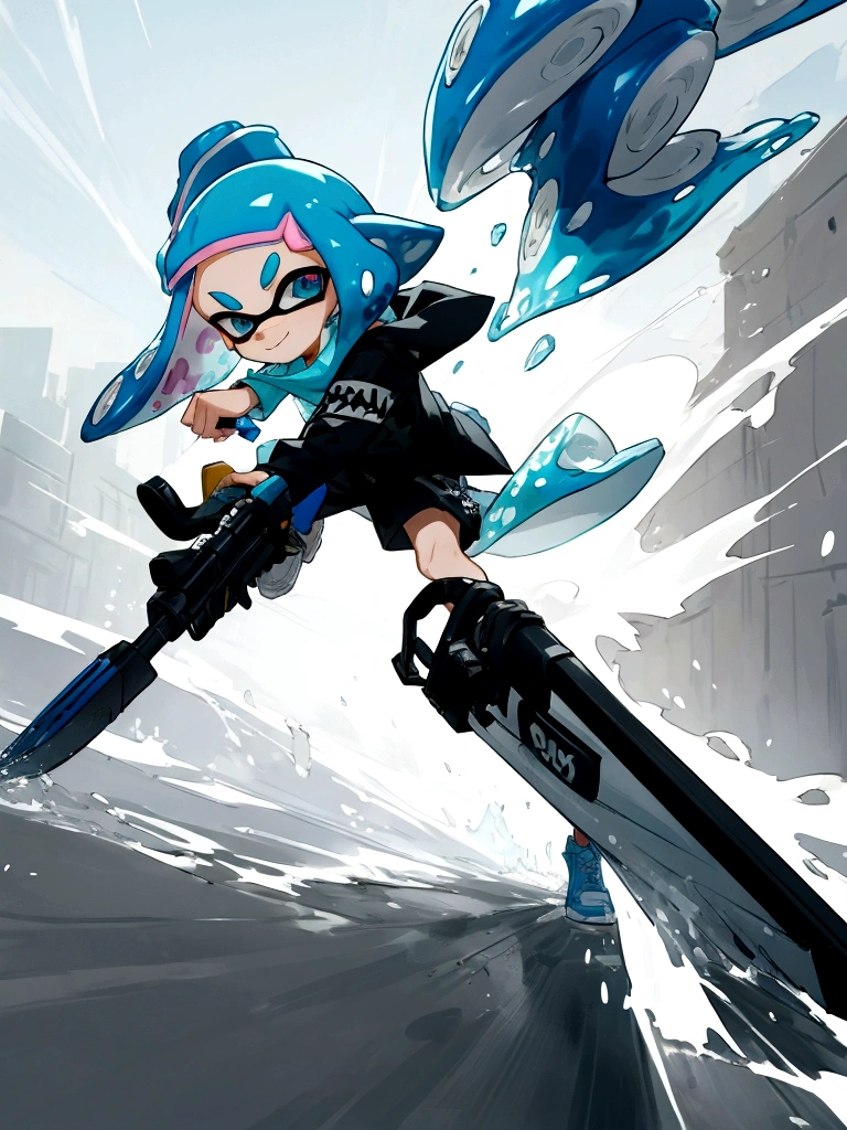 Splatoon Inkling posing with weapon、Image of cutting through the wind、Cool and stylish artwork、Cool colors、With effects、In town