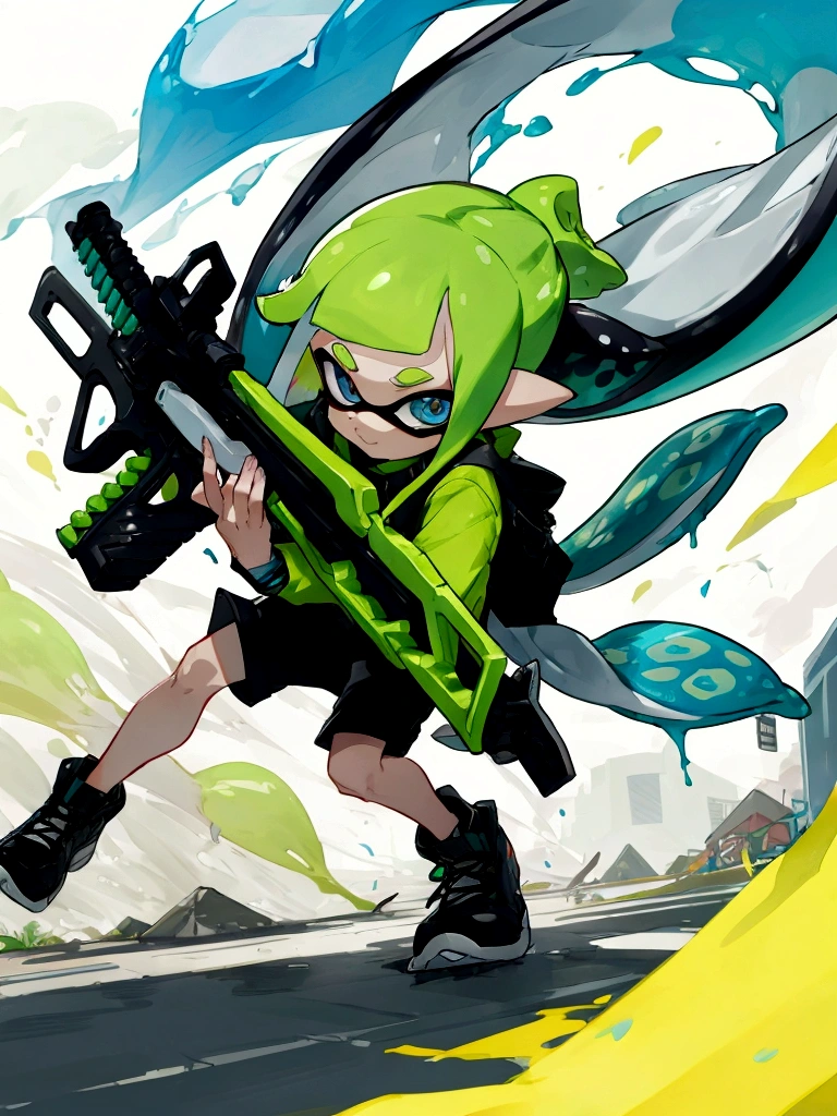 Splatoon Inkling posing with weapon、Image of cutting through the wind、Cool and stylish artwork、Cool colors、With effects、In town