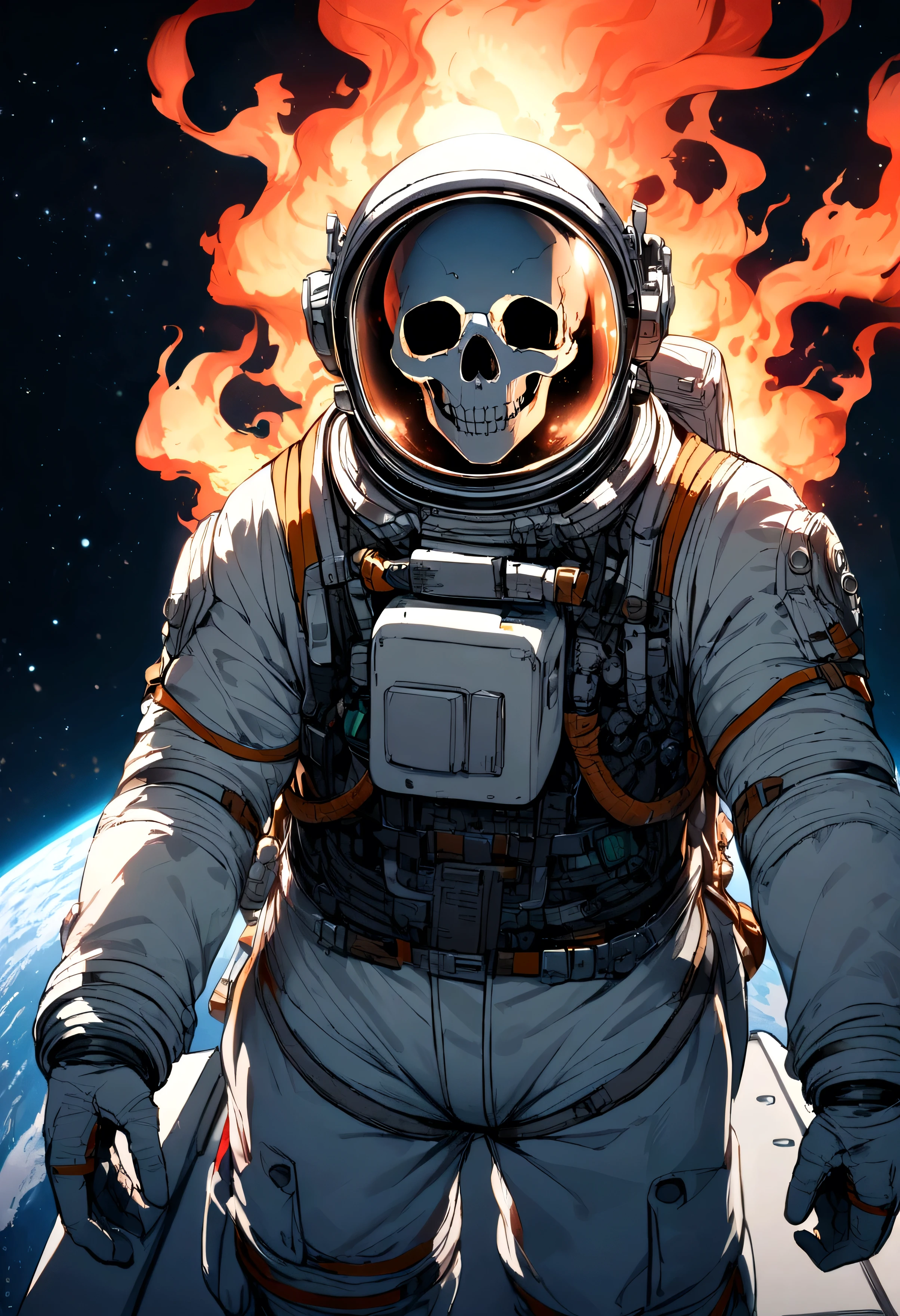 Astronaut with burning skull head in space