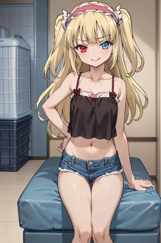 (((pixel-perfect, detail-perfect))), solo, 1girl, kobato hasegawa, heterochromia, red eyes,camisole,navel,denim shorts,socks,my room, hairband, looking at viewer, smirk, smile