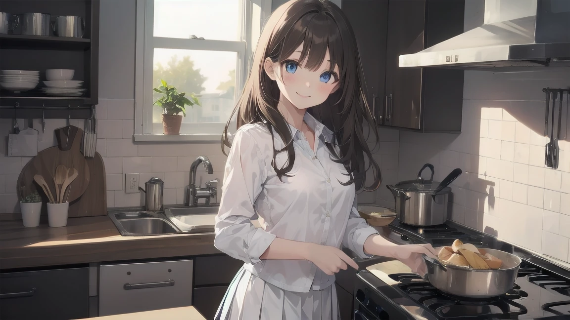 In one girl、fun、High school blazer with popular design、white shirt、pleated skirt、white skirt、(small breasts, brown hair,school ,blue eyes, de pie, smiling, lazo color rojo, clase de cocina, cocinando