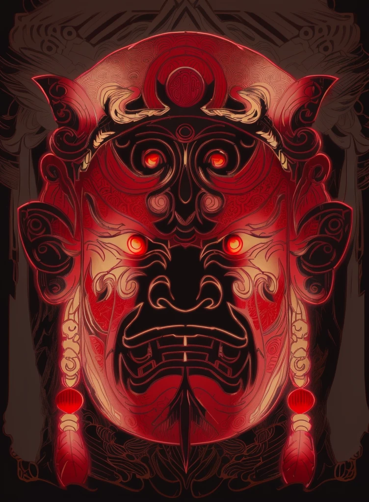 An image of a mask with feathers, Detail of face with mask, Connection Mask, Detailed Mask, Ashura，From Chinese mythology, Line Art, Line Art, Oriental Face, detailed Line Art, Line Art illustration, demon Samurai Mask, Gorgeous mask, intricate mask, vector Line Art, Detailed line work, They cover up, Samurai Mask, intense Line Art