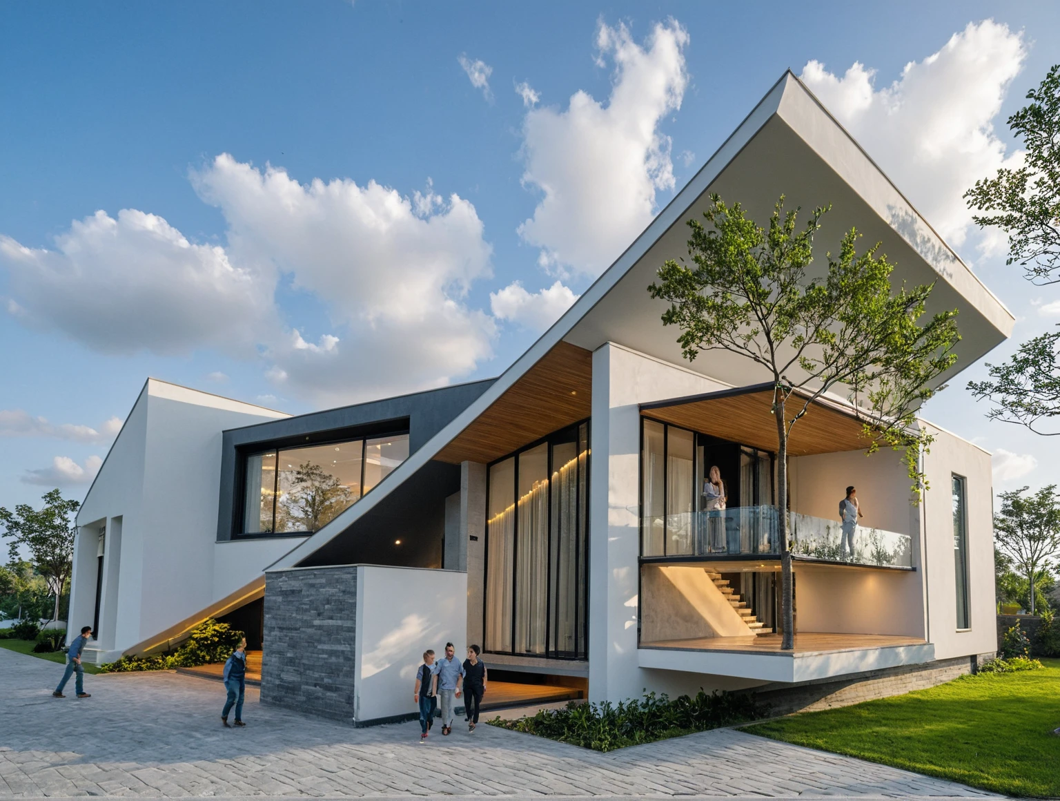 Masterpiece, high quality, best quality, authentic, super detail, outdoors, onestoreyvillaXL, aiaigroup, house style modern on the street ,stairs, white wall ,road,pavement, grass, trees, sky, cloud, (daylight:1.1)