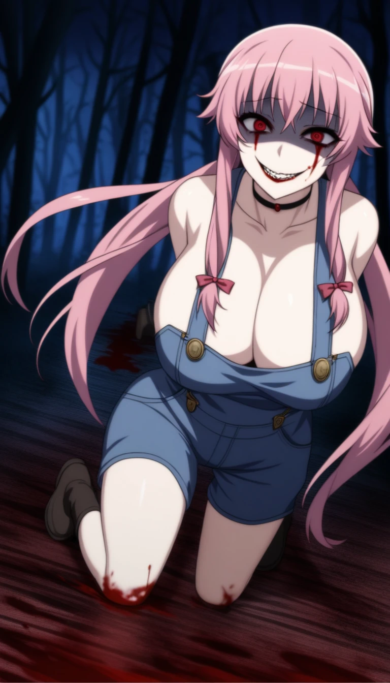 1girl, Gasai Yuno, long hair, pink hair, low twintails, smile, naked, red eyes, (large breasts:1.5),1girl, black choker, dark grey, (overalls:1.25), leather gloves, black boots, ((nigth:1.5)), (chasing you through the woods BY yuno gasai), moonlight, blood on floor, horror scane, (evil smile:1.4), (evil eyes:1.6), (horror_movies:1.5), (woods:1.6),(dark:1.7), (out_boors), blood on hands,blood stain