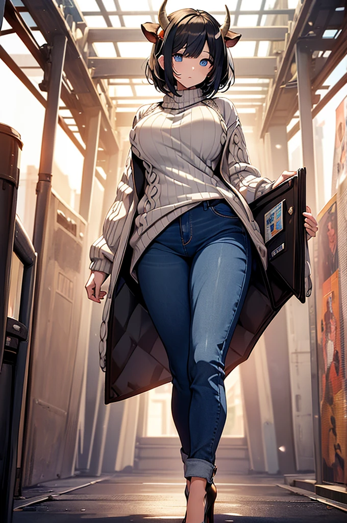 ((Anime Art Style)),(masterpiece),(Best Quality), (Super Detail),(Highly detailed CG Unity 8k wallpaper),((Very delicate and beautiful)),(Full body portrait),((mature woman)), ((black hair)), ((short hair)), (Gigantic Breasts), (thick woman) , monster girl, cow girl, ((cow horns)), (((white horns))), ((cow ears instead of human ears)), ((cow tail)), ((Blue Eyes)),expressive eyes, ((perfect blue eyes)), ((detailed eyes)), perfect face, white skin, (((fully closed sweater))), ((high heels)), ((comfy jeans)), standing up straight, legs apart, full body image