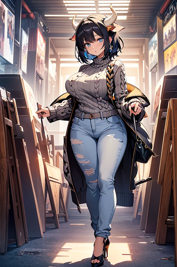 ((Anime Art Style)),(masterpiece),(Best Quality), (Super Detail),(Highly detailed CG Unity 8k wallpaper),((Very delicate and beautiful)),(Full body portrait),((mature woman)), ((black hair)), ((short hair)), (Gigantic Breasts), (thick woman) , monster girl, cow girl, ((cow horns)), (((white horns))), ((cow ears instead of human ears)), ((cow tail)), ((Blue Eyes)),expressive eyes, ((perfect blue eyes)), ((detailed eyes)), perfect face, white skin, (((fully closed sweater))), ((high heels)), ((comfy jeans)), standing up straight, legs apart, full body image