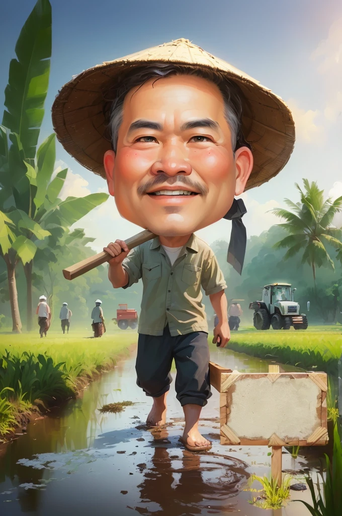 cartoon man walking in a muddy field with a wooden box and a shovel, With a wooden plank stuck in front of him, caricature illustration, farmer, caricature style, japanesse farmer, cartoon portrait, caricature, cartoon digital painting, caricature!!!, south east asian with round face, cartoon artstyle, potrait, cartoon digital art, digital cartoon painting art, do hoang tuong artwork, big head