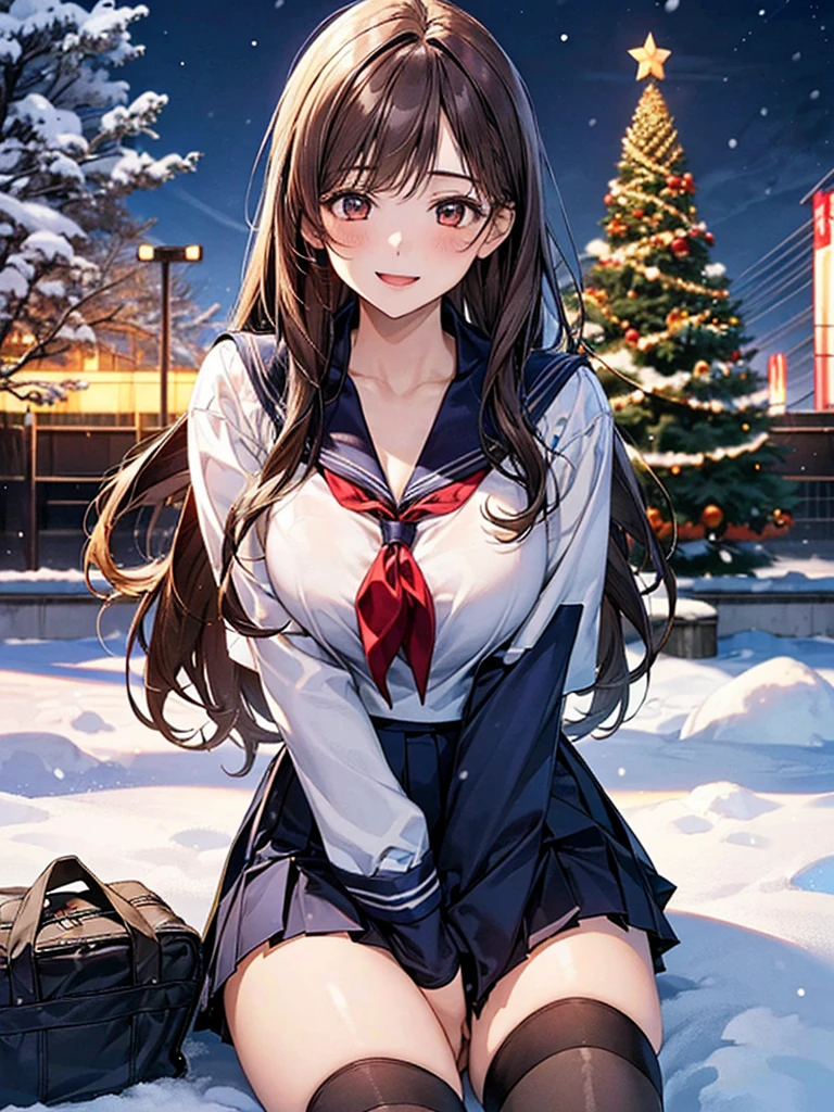 ((((Perfect Anatomy, Very detailedな肌)))), 1 girl, Japanese, high school girl, Shiny skin, Large Breasts:0.5, avert your eyes, look up, Take in the view, From below,
Beautiful Hair, Beautiful Face, Beautiful fine details, (Long Hair:1.4), Blonde, Brown eyes,
Beautiful clavicle, Beautiful body, Beautiful breasts, Beautiful thighs, Beautiful feet, , ((((Long sleeve)), Navy sailor suit, Navy Pleated Skirt, Navy sailor collar, Red Sailor Scarf, Thigh-high socks, short boots), school bag, Cross Necklace), Captivating thighs, ,
((smile:1.5, Please open your mouth wide)), , Female acts, Roll up the skirt yourself,
(Beautiful views),winter, Midnight, Hokkaido, Sapporo, The smell of the park, Park bench, Sitting, Christmas, Christmas tree, illumination, TV Tower, snow, snowfall:1.5, Frozen Weather, Frost,
(8K, Highest quality, Masterpiece:1.2, Very detailed), (Realistic), Beautiful illustrations, Cinema Lighting,