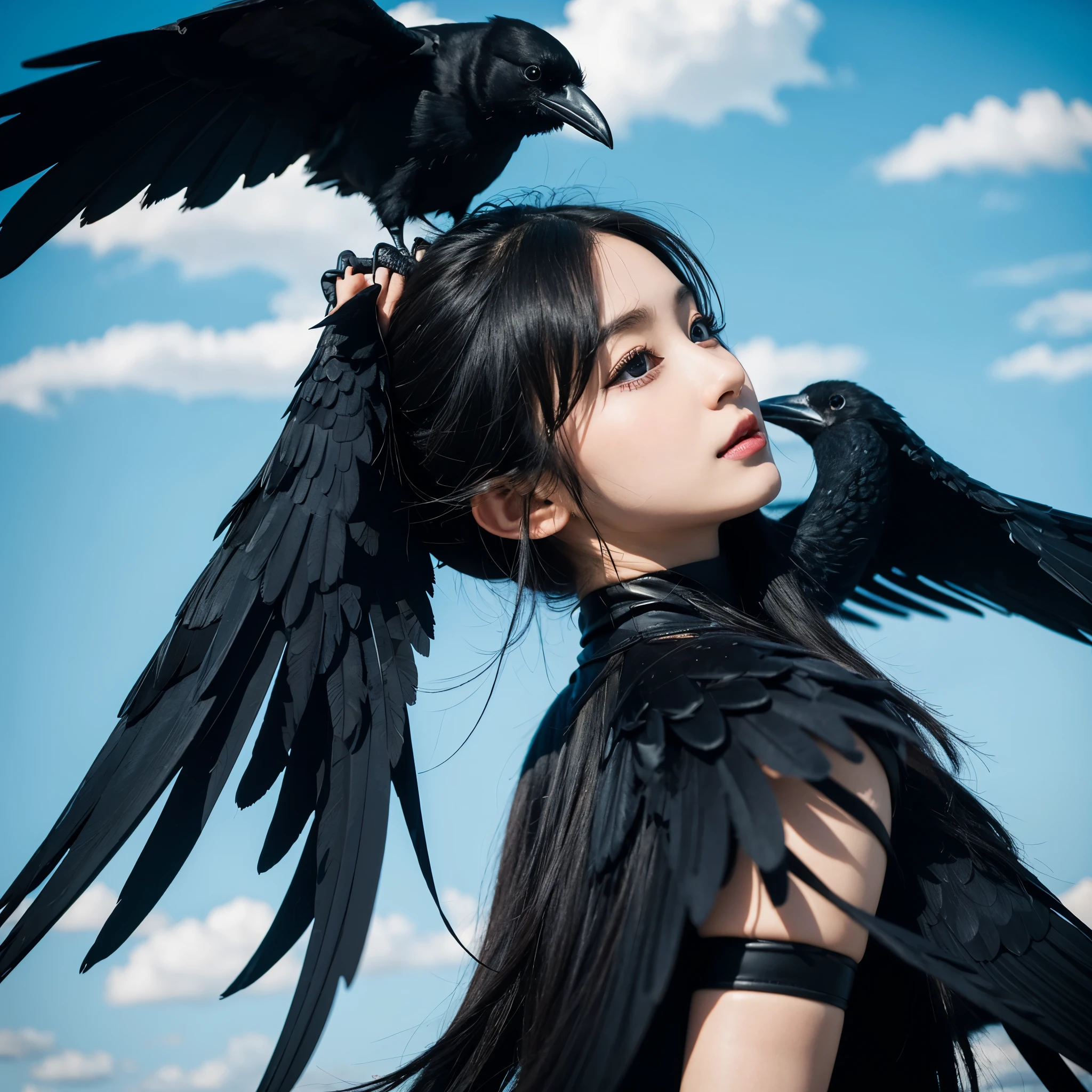 cute、wing、Black Angel、girl、Sky、crow、cartoon，abstract