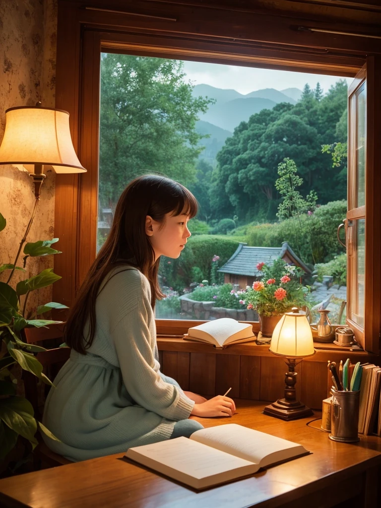 Create an illustration of a “Lofi Girl” inspired by Studio Ghibli. The scene should capture the serene, magical atmosphere typical of Ghibli films. The Lofi Girl is sitting at a wooden desk by a window, studying or writing in a notebook. She wears cozy, casual clothing reminiscent of characters in Ghibli films, like a simple dress or sweater.
Outside the window, there is a lush, enchanted landscape with vibrant greenery, colorful flowers, and possibly a view of distant mountains or a quaint village. The sky should have a soft, warm glow, perhaps during sunrise or sunset.
Inside the room, include elements that evoke a Ghibli aesthetic: wooden furniture, shelves filled with books and trinkets, soft lighting from a lamp, and maybe a small, fantastical creature or a cat nearby, adding a touch of whimsy. The overall mood should be calm, cozy, and slightly nostalgic, inviting the viewer into a peaceful, otherworldly setting.