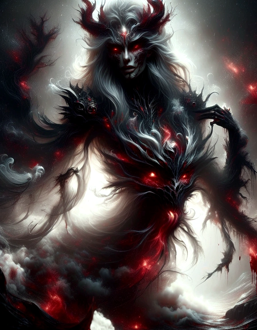 Beautiful female Demoness with, white long hair, perfect body, Strong and powerful upper body, devil skin, skins, demon armor, mist, vivid alluring eyes, blood splash, , taking your soul, skulls on the ground, Make a blood sacrifice, medieval, Dark room, low key light, Masterpiece, Realistic, oil painting in the art of hr giger