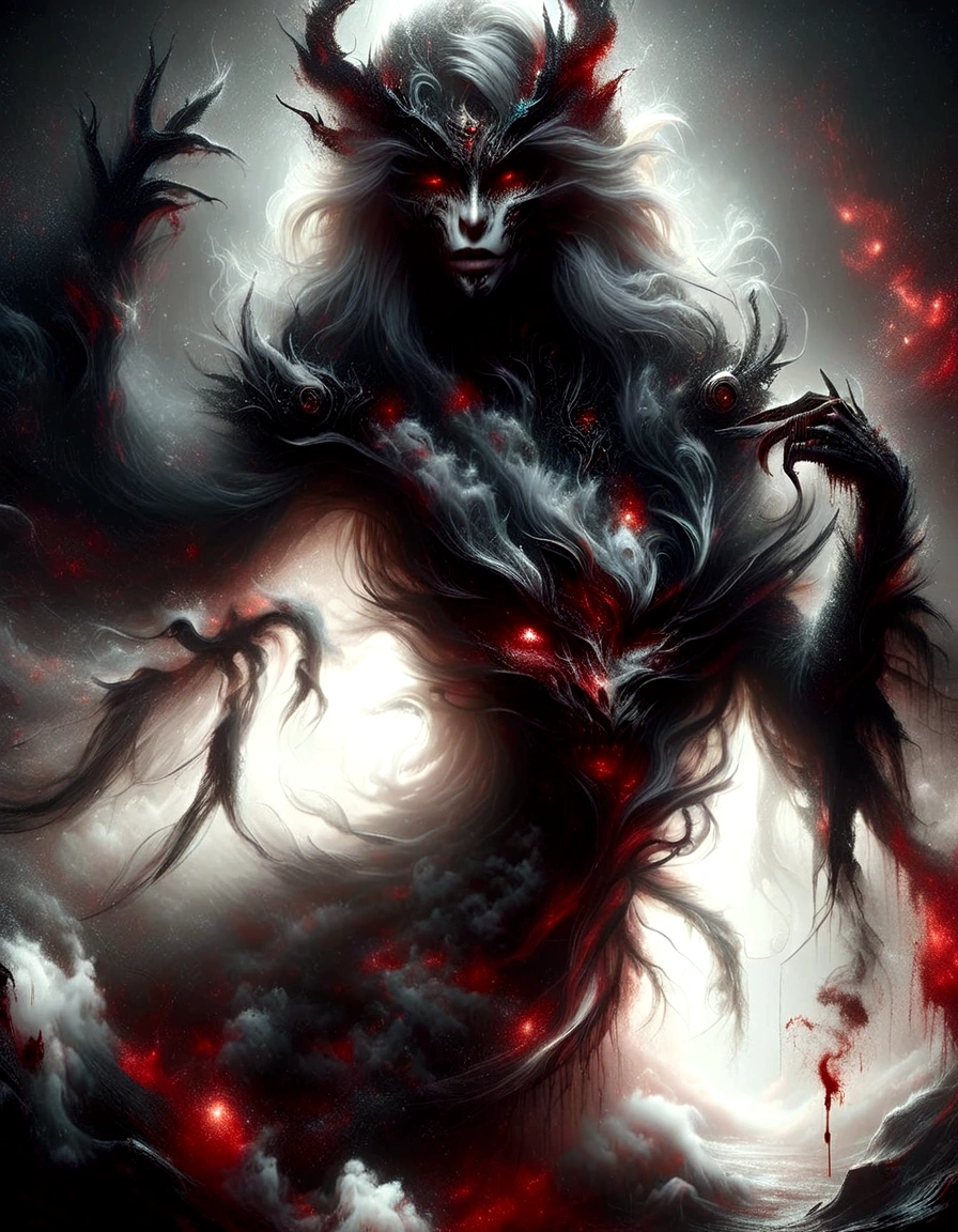 Beautiful female Demoness with, white long hair, perfect body, Strong and powerful upper body, devil skin, skins, demon armor, mist, vivid alluring eyes, blood splash, , taking your soul, skulls on the ground, Make a blood sacrifice, medieval, Dark room, low key light, Masterpiece, Realistic, oil painting in the art of hr giger