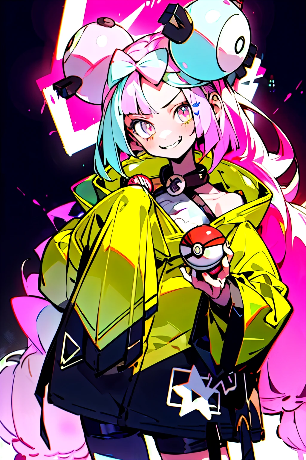 1girl, pop, neon lights, looking at another, vector illustration, jacket, smirk, blunt bangs, long hair, hair ornaments, spot light, (holding poke_ball), poke ball \(basic\),