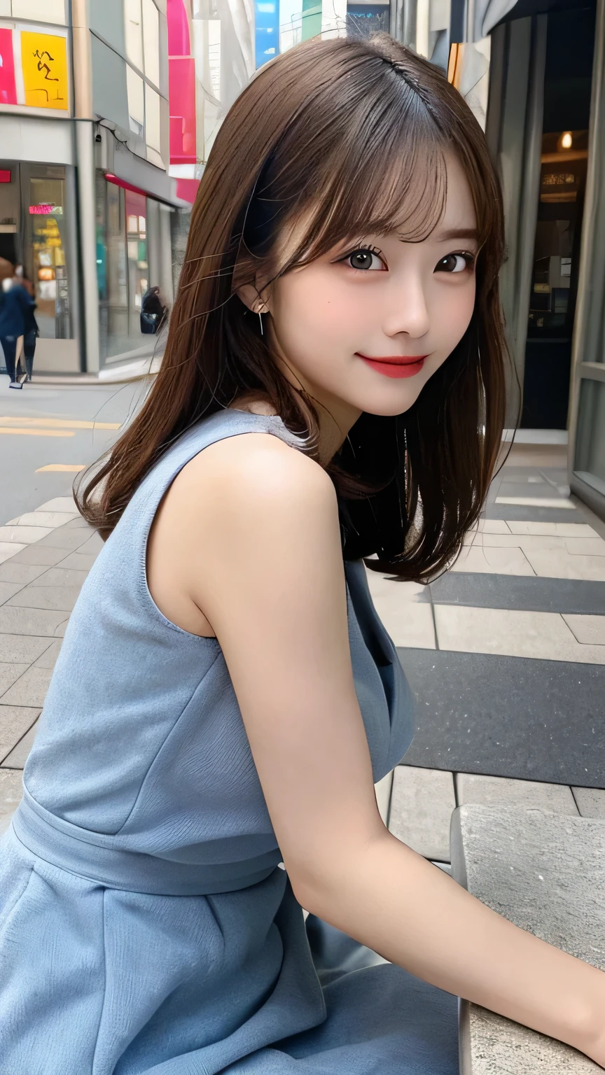 On the table, Highest quality, shape, Very detailed, Finer details, High resolution, 8k wallpaper, Perfect dynamic composition, Beautiful and delicate eyes, pain,Medium Hair, Big Breasts, Natural color lips, Casual and sexy pose,smile,Aoyama Pedestrian Street、Sleeveless dress、20-year-old girl、Slim shape