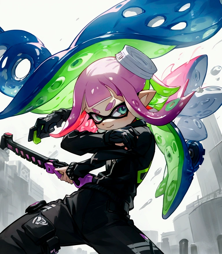 Splatoon Inkling posing with weapon、Image of cutting through the wind、Cool and stylish artwork、Cool colors、With effects、In town、laser