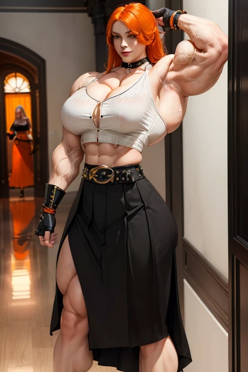 (((Massive tall, beautiful, buff, pale white skinned muscular woman with orange hair, black lipstick, ginormous bulky muscles and wearing a beautiful orange unbuttoned blouse with a beautiful black long pleated skirt))), (close view), massive muscles, massive biceps, hyper muscle shoulders, massive muscle arms, vascular shoulders, hyper muscle triceps, (long shaggy hair), (beautiful unbuttoned orange blouse), green eyes, studded gauntlets, gloves, choker, (beautiful black long pleated skirt with a belt), shoes with socks, (in a beautiful hallway), closed smile, morning, hyper vascular arm, hyper muscles arms, hyper muscle legs, massive arms